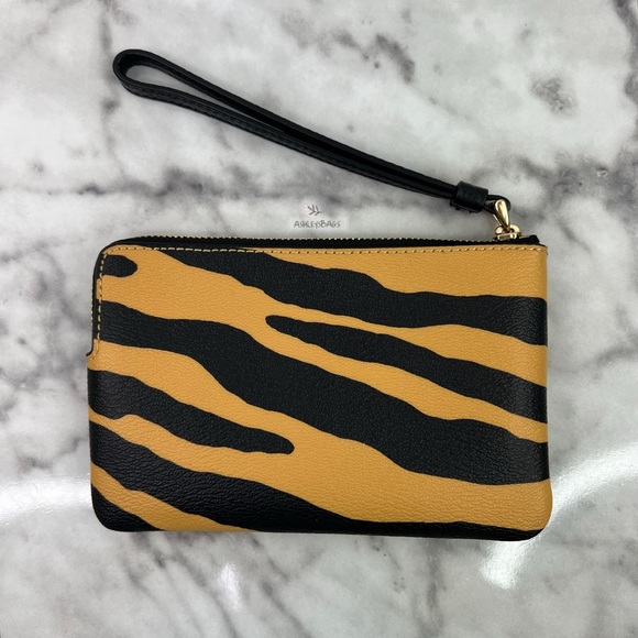 Coach Tiger Print Leather Corner Zip Wristlet Wallet - Picture 2 of 4